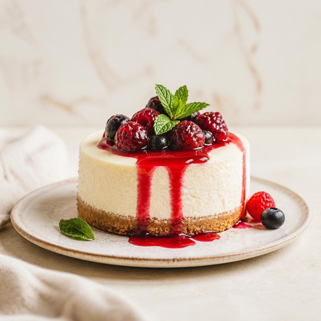 Cheesecake minimalista con compota de frutos rojos y menta