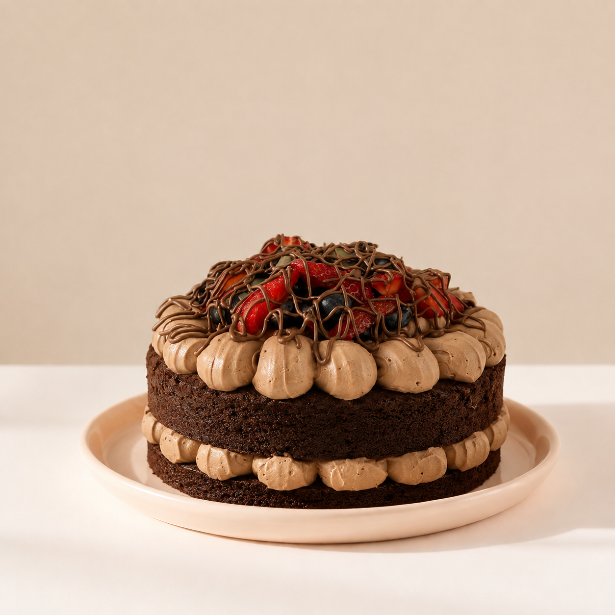 Pastel de chocolate artesanal con crema de café, fresas, arándanos y drizzles de chocolate